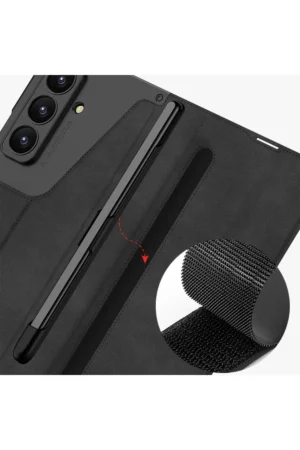 کیف سامسونگ گلکسی زد فولد 7 با پایه و محفظه قلم اس پن و جای کارت و محفظه کیف دار مخملی 360 درجه - 10308