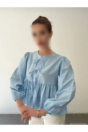 پیراهن نخی پاپلین با پاپیون - 9886