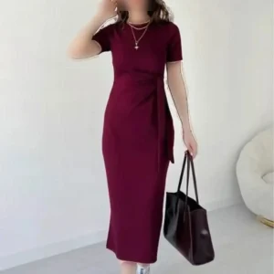 پیراهن زنانه борدو با جزئیات بستن از کناره - دکمه هیرای داچم - 10397