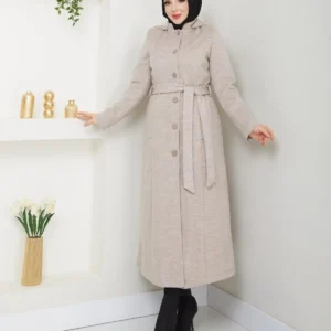 کت زنانه زمستانی پشمی ضخیم با دکمه و کلاه 57050 - 10039