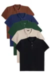 پک ۵ تایی تیشرت یقه‌ polo با طرح ساده در رنگ‌های قهوه‌ای، سرمه‌ای، سبز تیره، شن و مشکی از جنس پنبه و با فیت اسلیم - 10337