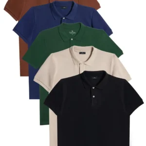 پک ۵ تایی تیشرت یقه‌ polo با طرح ساده در رنگ‌های قهوه‌ای، سرمه‌ای، سبز تیره، شن و مشکی از جنس پنبه و با فیت اسلیم - 10337