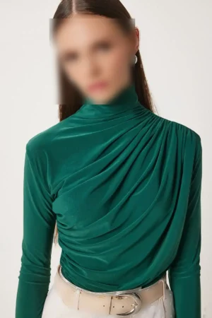بلوز شنل دار با جزئیات بوزگویی، سبز زمردی - 10528