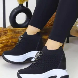کف shoe ورزشی زنانه مشکی و سفید با بند و 10 سانتیمتر پاشنه مخفی WSB4086 - 10565