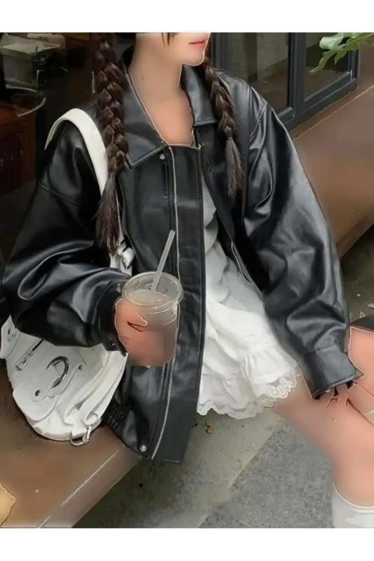 کاپشن چرم مشکی زنانه مدل وینتیج سایز بزرگ - 10347