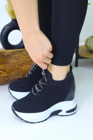 کف shoe ورزشی زنانه مشکی و سفید با بند و 10 سانتیمتر پاشنه مخفی WSB4086 - 10565