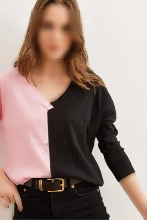 بلوز زنانه با رنگ‌های بلوکی صورتی و سیاه، با بافت نرم - کد BLZ-19002780 - 10518
