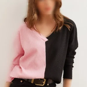 بلوز زنانه با رنگ‌های بلوکی صورتی و سیاه، با بافت نرم - کد BLZ-19002780 - 10518
