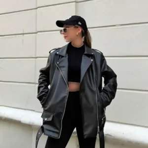 جاکت چرمی زنانه بلند سایز بزرگ - 10354