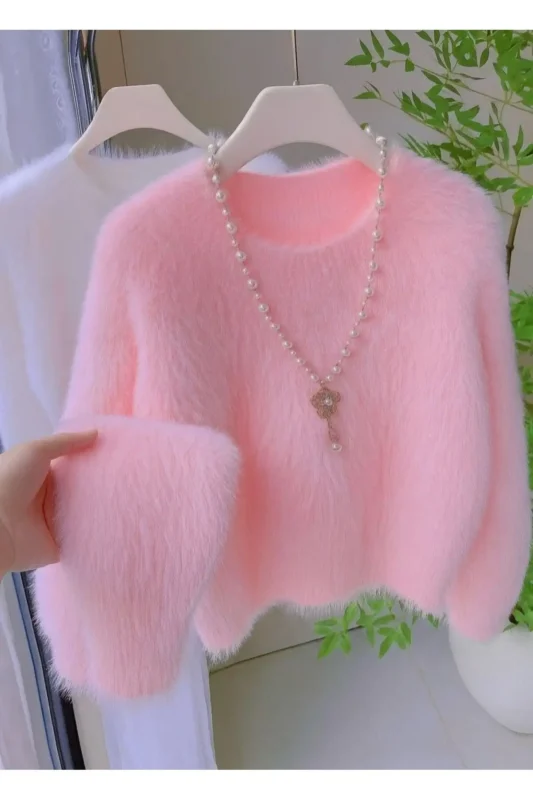 ژاکت بافتنی پشمی صورتی زنانه با ظاهر پوستی و یقه گرد - 10544
