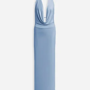 پیراهن ماکسی آبی با یقه شال و دکلته - 10491
