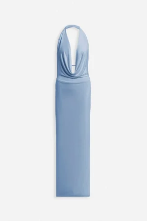 پیراهن ماکسی آبی با یقه شال و دکلته - 10491
