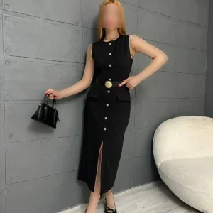 پیراهن میدی با جزئیات دکمه طلایی و چاک دار - 10087
