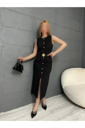 پیراهن میدی با جزئیات دکمه طلایی و چاک دار - 10087