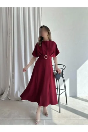 پیراهن میدی با جزئیات کمربند Bordeaux - 10399