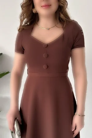 پیراهن با کمربند صاف قهوه‌ای - 10088