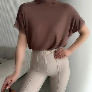 بلوز زنانه با یقه ایستاده از پارچه ویسکوز و الاستین با شانه های پایین - 10522