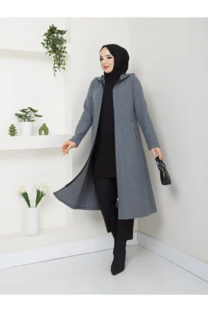 کاپشن کلاهدار زیپ‌دار با جیب از پارچه کَشِی - 10054