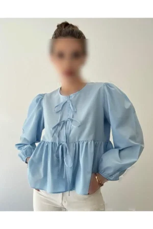 پیراهن نخی پاپلین با پاپیون - 9886