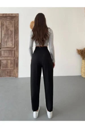 شلوار پارچه‌ای زنانه برش هویجی با کمربند بلند - 9968
