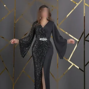 دریا نورد زارا با تزئینات پولک، کمربند، چسبنده و دکلته با یقه V و شیار دار لباس مهمانی - 10394