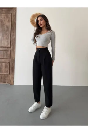 شلوار پارچه‌ای زنانه برش هویجی با کمربند بلند - 9968
