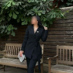 ست جاکت و شلوار با جزئیات زنانه و بند دار - 9961