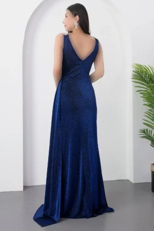 دخترانه با جزئیات سنگ‌دوزی نقره‌ای لباس شب 39844 - 11320