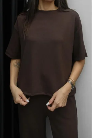 ست تیشرت و شلوارک زنانه از پارچه مدال با آستین کوتاه 3081 - 11147