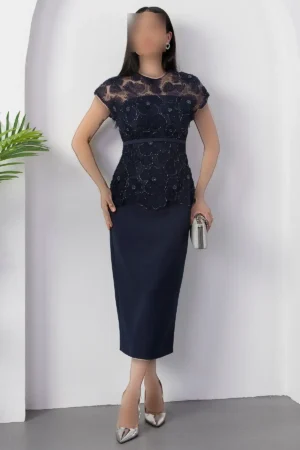 پیراهن ابریشمی کمربند دار با توری منجوق دار BAL144 - 11337