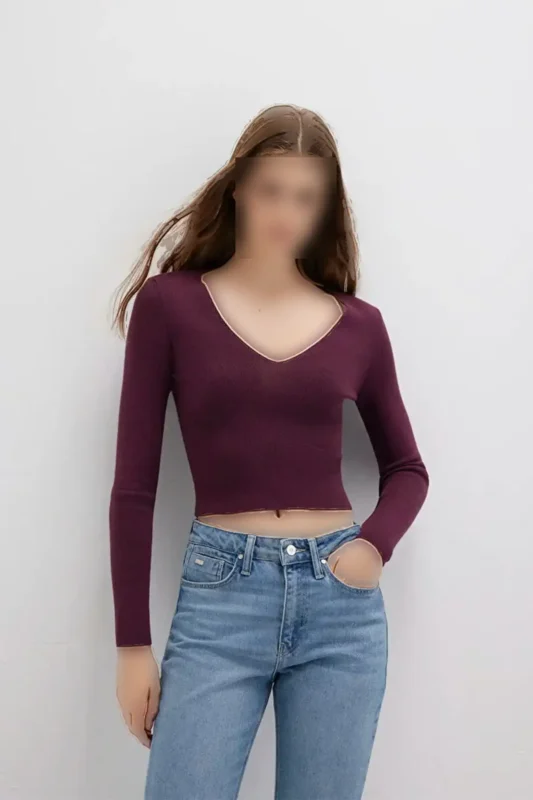 ژاکت یقه V بنفش 1710122-87830 - 11109