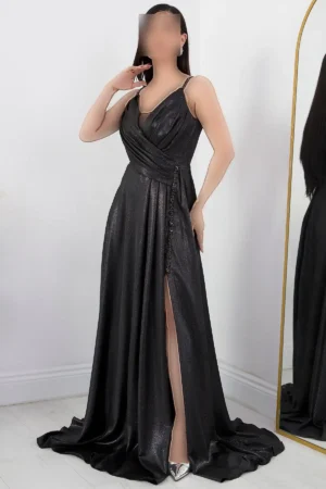 پیراهن مجلسی ساتن طرح دار با بندهای نازک مدل DMN4613 - 11416