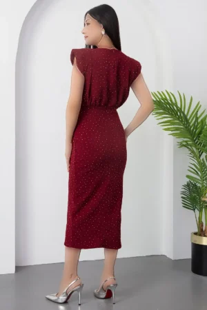 لباس پذیرایی با یقه کراوات و سنگ‌دوزی و چاک DKS1322 - 11397