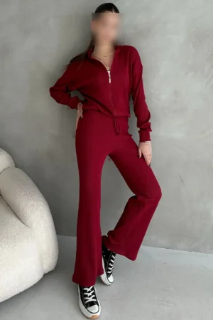 ست لباس زنانه شامل شلوار کورد و کاپشن بمبری به رنگ bordو - 11121
