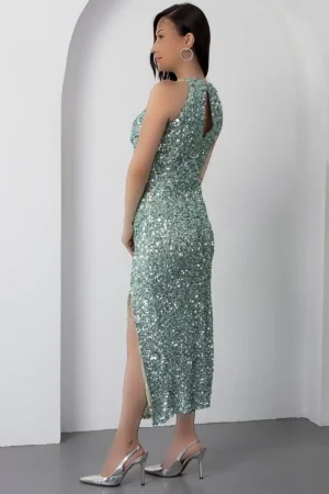 دستdress میدی مجلسی با یقه هالتر و چاک دار BAL143 - 11297