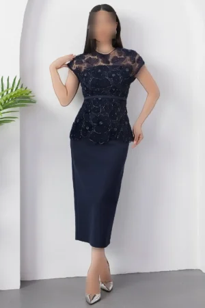 پیراهن ابریشمی کمربند دار با توری منجوق دار BAL144 - 11337