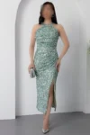دستdress میدی مجلسی با یقه هالتر و چاک دار BAL143 - 11297
