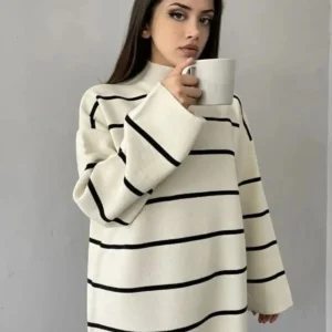 ژاکت بافتنی گردن‌اُستین نیمه بالا سفید و خط‌دار زنانه، ژاکت خط‌دار - 11073