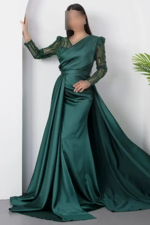 پیراهن ساتن با جزئیات مرواریدی یقه کراواتی مدل DMN5187 - 11386