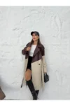 ترنچ کت بلند چرم زنانه با کمربند دو رنگ و آستر داخلی - 11274