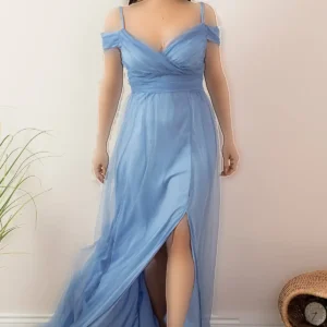 لباس شب بلند یقه دار مدونا با شکاف 13351 - 11447
