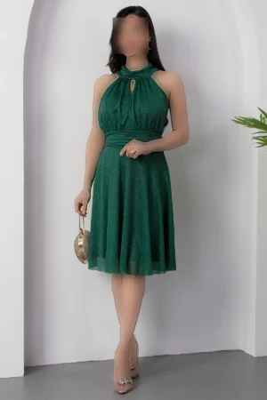 پیراهن توری با یقه سی و طرح براق کد 13376 - 11363