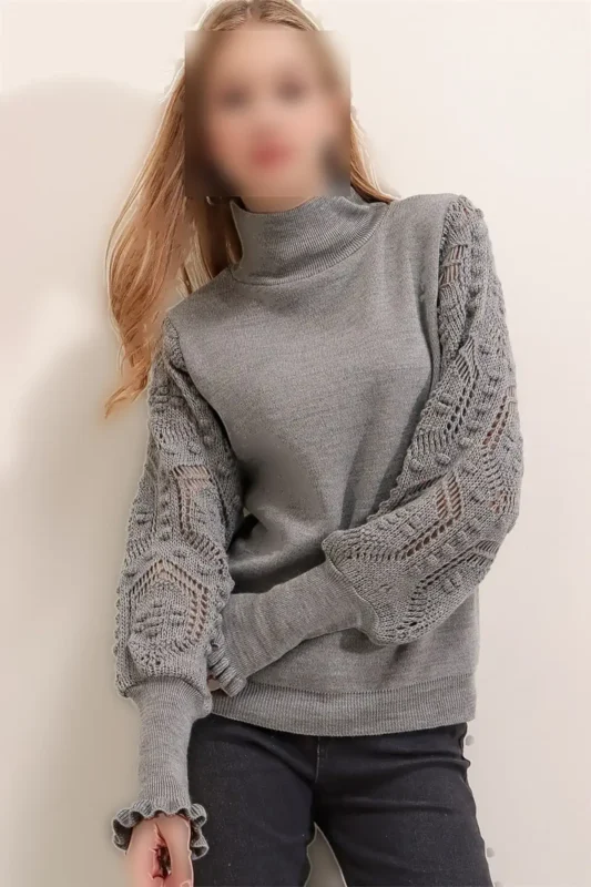 ژاکت زنانه خاکستری با آستین نیمه ماهی و جزئیات دانتل - 11114