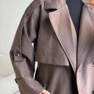 کت ترنچ کات بزرگ سایز پرمیوم با طرح راه‌راه - قهوه‌ای - 11259