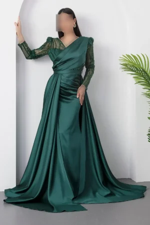 پیراهن ساتن با جزئیات مرواریدی یقه کراواتی مدل DMN5187 - 11386