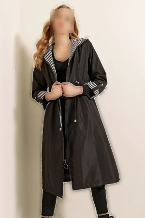 ترنچ کت مشکی با کمر کش داری و دارای کلاه مدل 9091 - 11263