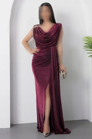پیراهن یقه دگمه‌ای با تزئینات روی شانه و پارچه براق شماره 39878 - 11300