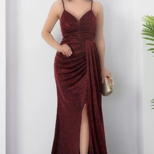 پیراهن مجلسی بلند تور با جیب و چین‌دار و شکاف 39711 - 11436