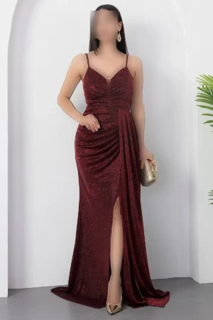 پیراهن مجلسی بلند تور با جیب و چین‌دار و شکاف 39711 - 11436