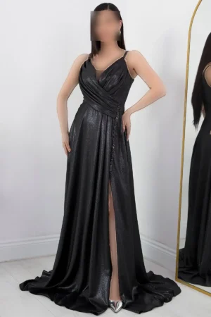 پیراهن مجلسی ساتن طرح دار با بندهای نازک مدل DMN4613 - 11416